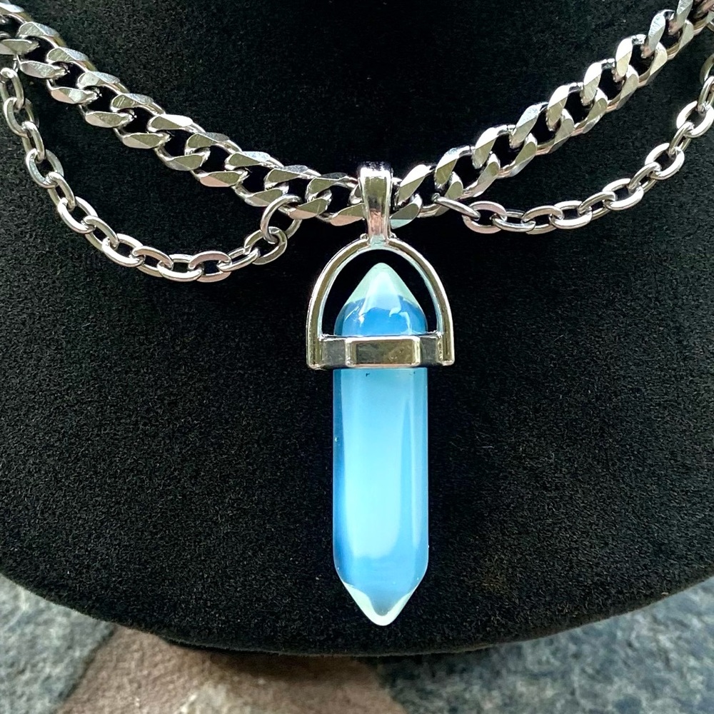 Stainless steel choker with blue iridescent opalite bullet charm boho goth - Picture 2 of 11